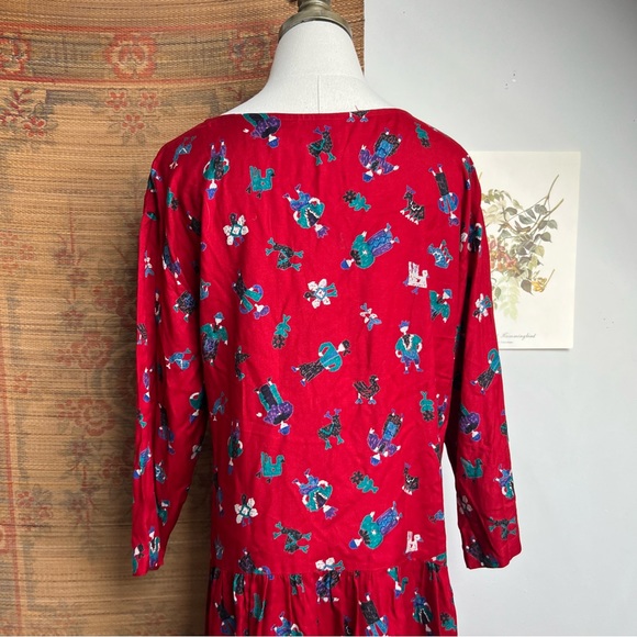 90s Putumayo Vintage Dropwaist Folk Print Red Dress Large - Picture 8 of 9